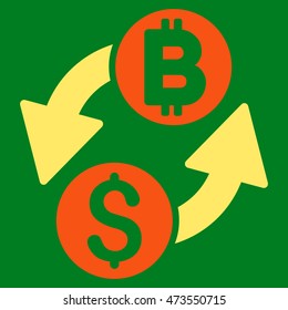 Dollar Bitcoin Exchange icon. Vector style is bicolor flat iconic symbol with rounded angles, orange and yellow colors, green background.