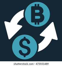 Dollar Bitcoin Exchange icon. Vector style is bicolor flat iconic symbol with rounded angles, blue and white colors, dark blue background.