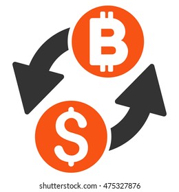 Dollar Bitcoin Exchange icon. Vector style is bicolor flat iconic symbol with rounded angles, orange and gray colors, white background.