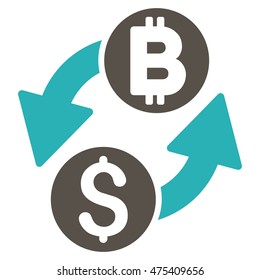 Dollar Bitcoin Exchange icon. Vector style is bicolor flat iconic symbol with rounded angles, grey and cyan colors, white background.