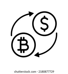 intercambio de bitcoin en dólares, conversión de dinero, concepto de icono de bitcoin a dólar aislado en fondo blanco, ilustración de vector de línea negra, encubridor de moneda cripto