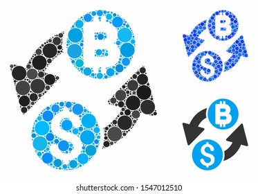 Dollar Bitcoin exchange mosaic of small circles in various sizes and color tones, based on dollar Bitcoin exchange icon. Vector small circles are united into blue mosaic.