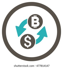 Dollar Bitcoin Exchange rounded icon. Vector illustration style is flat iconic bicolor symbol, grey and cyan colors, white background.