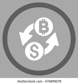 Dollar Bitcoin Exchange vector bicolor rounded icon. Image style is a flat icon symbol inside a circle, dark gray and white colors, silver background.