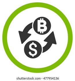 Dollar Bitcoin Exchange vector bicolor rounded icon. Image style is a flat icon symbol inside a circle, eco green and gray colors, white background.
