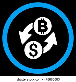 Dollar Bitcoin Exchange vector bicolor rounded icon. Image style is a flat icon symbol inside a circle, blue and white colors, black background.