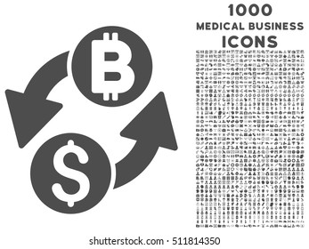 Dollar Bitcoin Exchange vector icon with 1000 medical business icons. Set style is flat pictograms, gray color, white background.