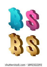 Dollar and bitcoin icon in isometric style. Isolated. Vector.