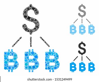 El Bitcoin del dólar enlaza mosaico de elementos desiguales en tamaños variables y tonalidades de color, basado en el icono de los enlaces Bitcoin del dólar. Los elementos iniguales vectoriales se combinan en collage.
