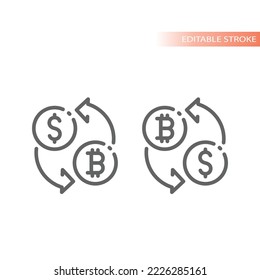 Dollar to bitcoin money conversion line vector icon. Currency exchange, cryptocurrency outlined symbol.