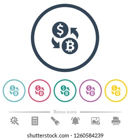 Dollar Bitcoin money exchange flat color icons in round outlines. 6 bonus icons included.