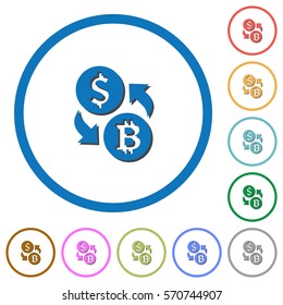 Dollar Bitcoin money exchange flat color vector icons with shadows in round outlines on white background