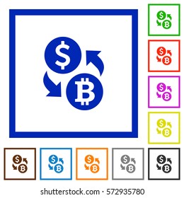 Dollar Bitcoin money exchange flat color icons in square frames on white background
