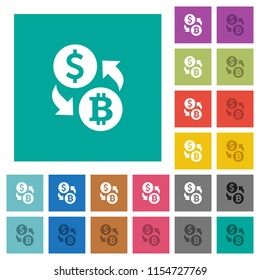 Dollar Bitcoin money exchange multi colored flat icons on plain square backgrounds. Included white and darker icon variations for hover or active effects.