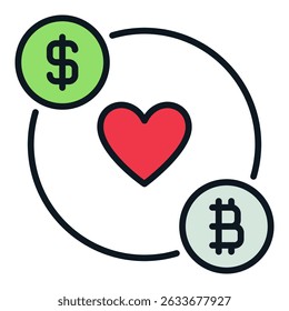 Dólar y Bitcoin con el Vector del corazón rojo Crypto Traders and Investors concept