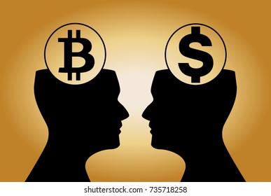 Dollar and bitcoin signs inside of human heads watching on each other. Black silhouette on golden background. Vector illustration, icon, emblem. 