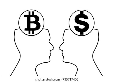 Dollar and bitcoin signs inside of outline silhouette of human heads watching on each other. Black silhouette on white background. Vector illustration, icon, emblem. 