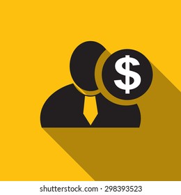 Dollar black man silhouette icon on the yellow background, long shadow flat design icon for forums or web