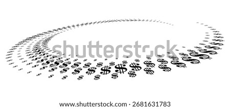 Dollar black sign in circle form. Halftone effect with US currency sign. Perspective view spiral.