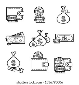 Dollar. Black and white line isolated vector icons set for site - currency wallet, storage, deposit, withdraw, earnings.