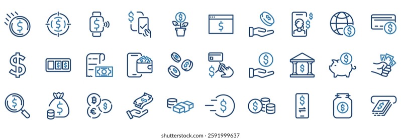 Dollar blue web line icon set. Set of 30 outline icons related to money, dollar, wallet, payment, earnings, bank, currency, fund, business, income and others. Editable stroke. Vector illustration.