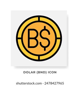 Dólar BND Icono de moneda. Brunéi Financial Symbol Flat Icons, en Diseño gráfico dorado. Ilustraciones vectoriales.
