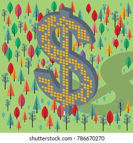 Dollar Building in a forest vector illustration. Money Growth design concept