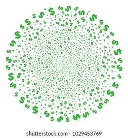 Dollar burst sphere. Object pattern constructed from random dollar symbols as explosion globula. Vector illustration style is flat iconic symbols.