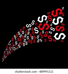 Dollar Burst vector illustration. Style is red and white bicolor flat dollar symbols, black background.