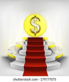 dollar business exhibition on round illuminated podium vector illustration