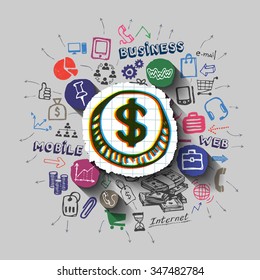 Dollar button. Money bag collage with icons background. Vector illustration