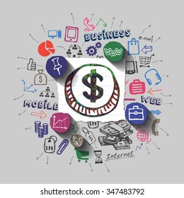 Dollar button. Money bag collage with icons background. Vector illustration