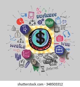 Dollar button. Money bag collage with icons background. Vector illustration