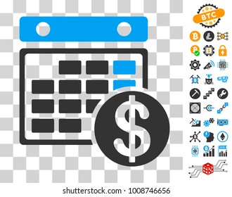 Dollar Calendar icon with bonus bitcoin mining and blockchain symbols. Vector illustration style is flat iconic symbols. Designed for cryptocurrency ui toolbars.