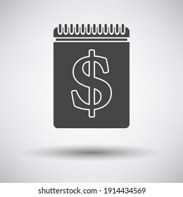 Icono del calendario del dólar. Gris oscuro sobre fondo gris con sombra redonda. Ilustración vectorial.
