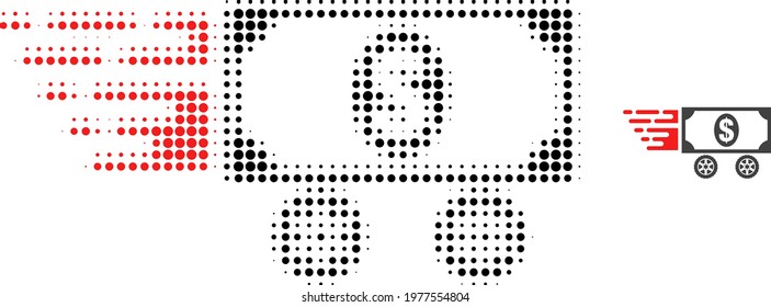 Dollar car halftone dot icon illustration. Halftone pattern contains round elements. Vector illustration of dollar car icon on a white background. Flat abstraction for dollar car pictogram.