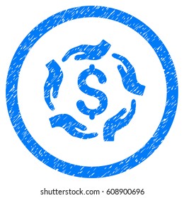 Dollar Care Hands grainy textured icon inside circle for overlay watermark stamps. Flat symbol with scratched texture. Circled vector blue rubber seal stamp with grunge design.