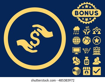 Dollar Care Hands icon with bonus pictogram. Vector illustration style is flat iconic symbols, yellow color, blue background.