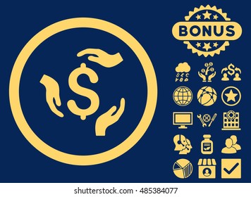 Dollar Care Hands icon with bonus images. Vector illustration style is flat iconic symbols, yellow color, blue background.