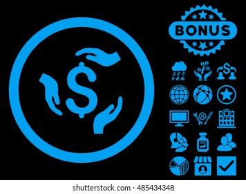 Dollar Care Hands icon with bonus pictures. Vector illustration style is flat iconic symbols, blue color, black background.