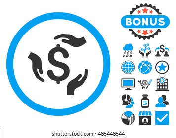 Dollar Care Hands icon with bonus images. Vector illustration style is flat iconic bicolor symbols, blue and gray colors, white background.