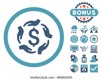 Dollar Care Hands icon with bonus elements. Vector illustration style is flat iconic bicolor symbols, cyan and blue colors, white background.