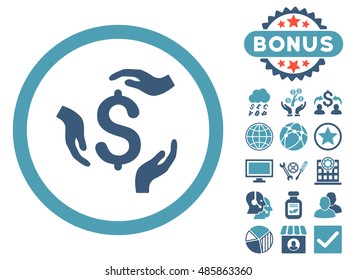 Dollar Care Hands icon with bonus design elements. Vector illustration style is flat iconic bicolor symbols, cyan and blue colors, white background.