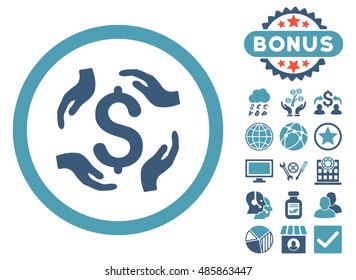 Dollar Care Hands icon with bonus elements. Vector illustration style is flat iconic bicolor symbols, cyan and blue colors, white background.