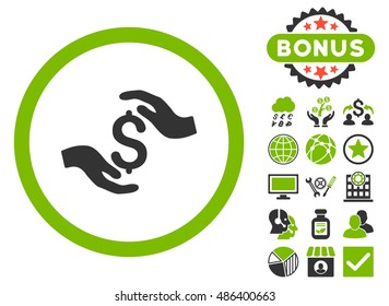 Dollar Care Hands icon with bonus symbols. Vector illustration style is flat iconic bicolor symbols, eco green and gray colors, white background.