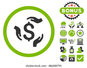 Dollar Care Hands icon with bonus pictures. Vector illustration style is flat iconic bicolor symbols, eco green and gray colors, white background.