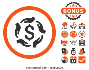 Dollar Care Hands icon with bonus pictures. Vector illustration style is flat iconic bicolor symbols, orange and gray colors, white background.