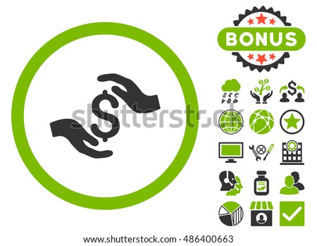 Dollar Care Hands icon with bonus symbols. Vector illustration style is flat iconic bicolor symbols, eco green and gray colors, white background.