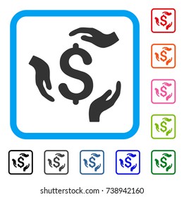 Dollar Care Hands icon. Flat grey pictogram symbol in a light blue rounded squared frame. Black, gray, green, blue, red, orange color variants of Dollar Care Hands vector.