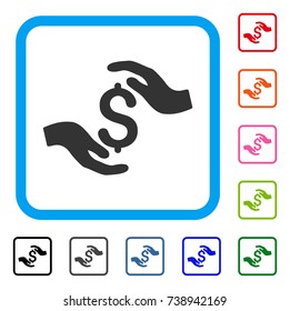 Dollar Care Hands icon. Flat grey pictogram symbol in a light blue rounded frame. Black, gray, green, blue, red, orange color additional versions of Dollar Care Hands vector.